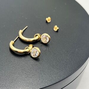 AAJ Vintage Designer 10k Yellow Gold J Half-Hoop Dangle Round CZ Charm Earrings